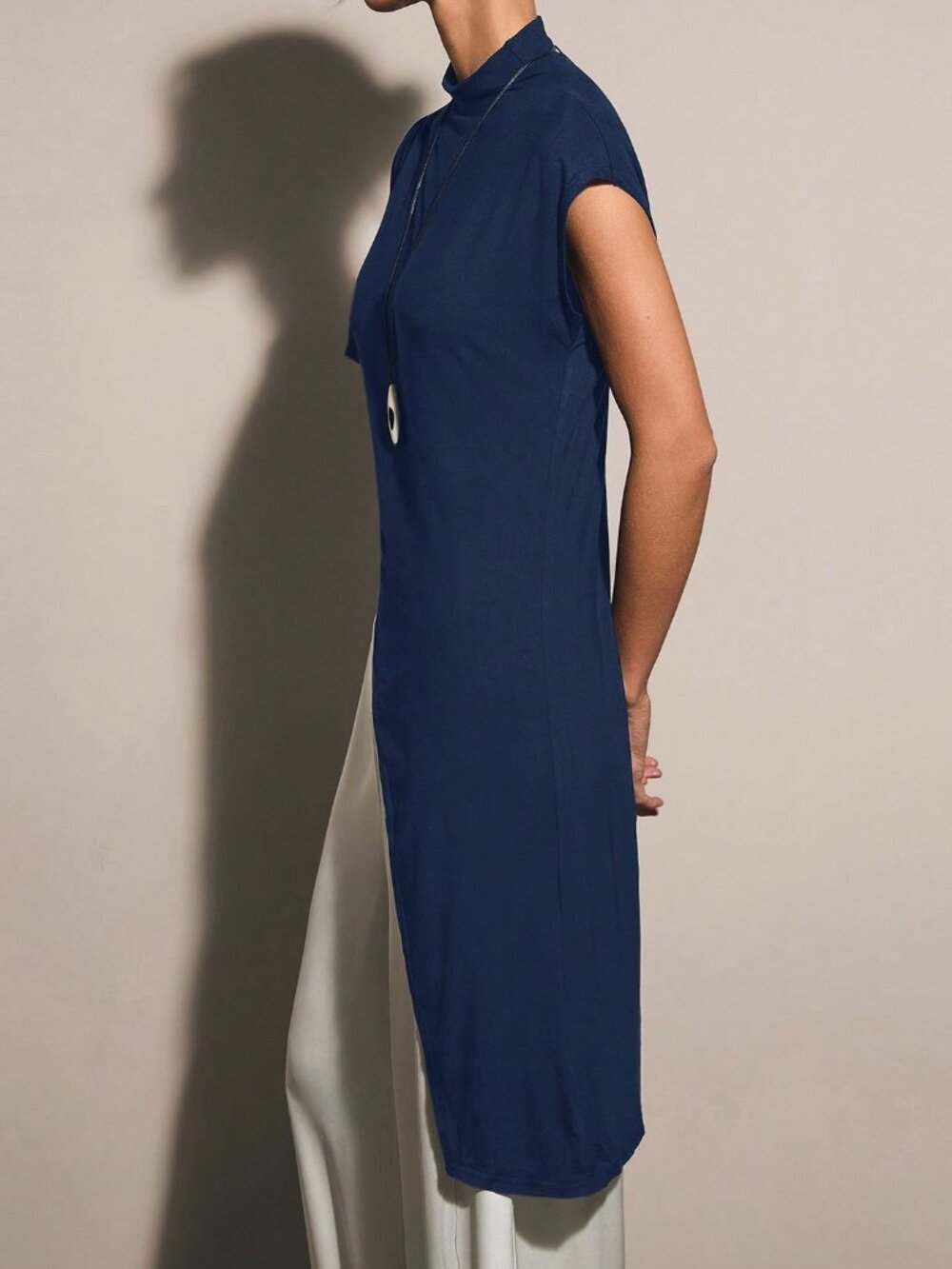 Navy Blue Casual Women's Stand Collar Asymmetrical Hem Top - Picture 5 of 5